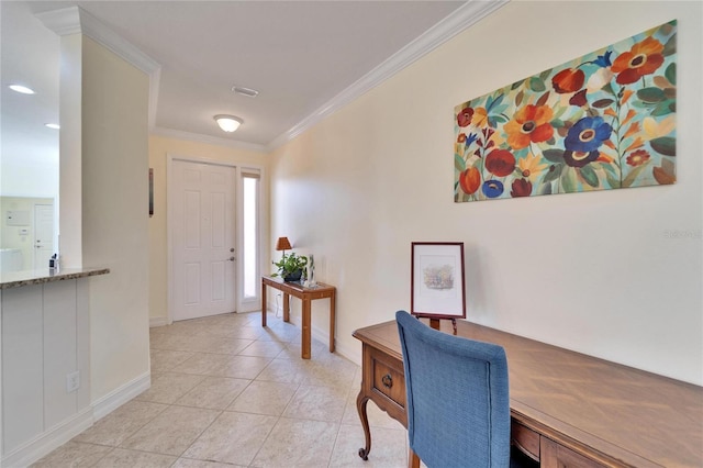 office with light tile patterned flooring and ornamental molding