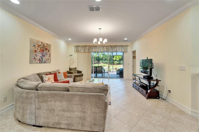 tiled living room featuring an inviting chandelier and crown molding