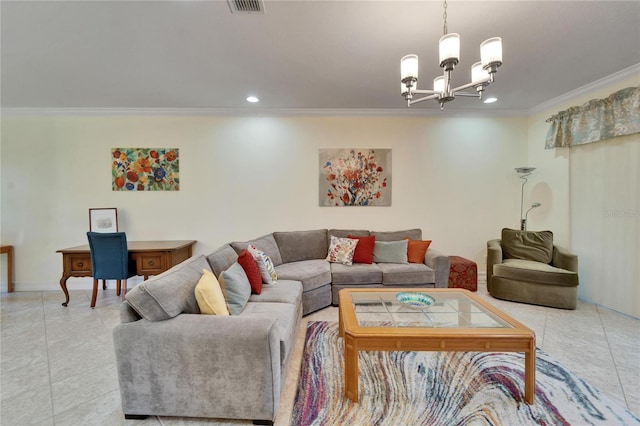 living room featuring light tile patterned flooring, a chandelier, and ornamental molding