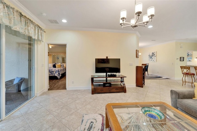 tiled living room with ceiling fan with notable chandelier and crown molding