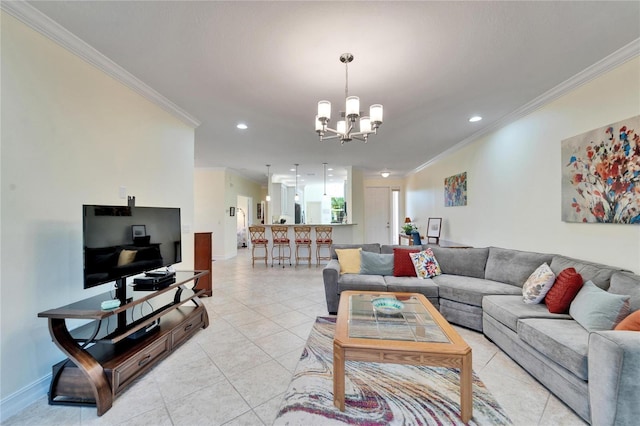 living room featuring light tile patterned floors, crown molding, and a chandelier