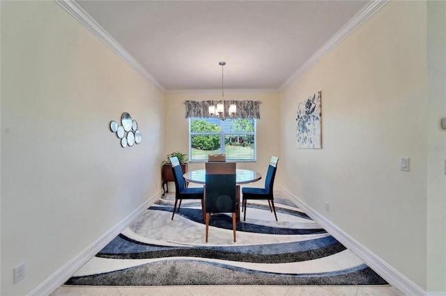 dining area with ornamental molding and a chandelier