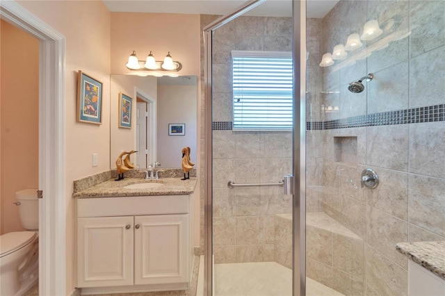 bathroom featuring toilet, vanity, and an enclosed shower