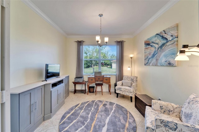 living area featuring light tile patterned floors, an inviting chandelier, and ornamental molding