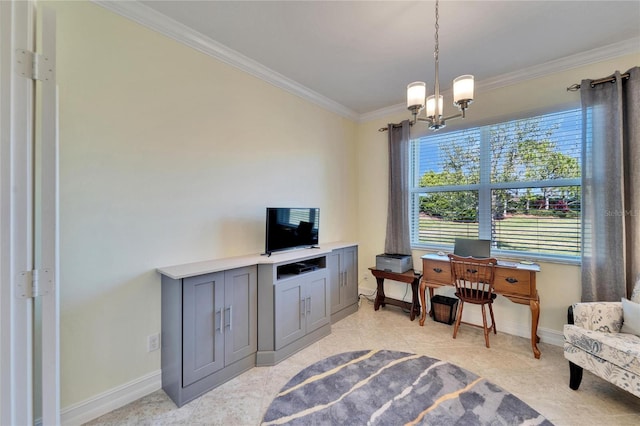 office area featuring a notable chandelier and ornamental molding