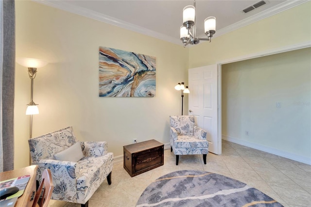 sitting room featuring ornamental molding, a chandelier, and light tile patterned flooring