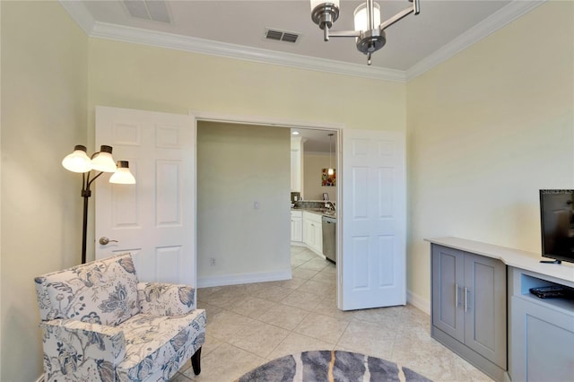 sitting room featuring sink, crown molding, a chandelier, and light tile patterned flooring