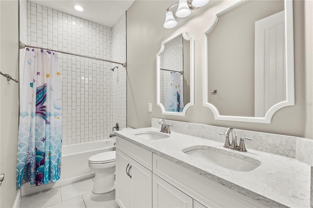 full bathroom featuring vanity, shower / tub combo, tile patterned flooring, and toilet