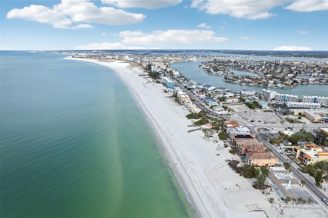 bird's eye view with a water view and a view of the beach