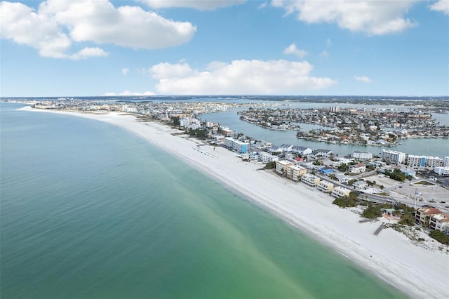 aerial view featuring a water view and a beach view