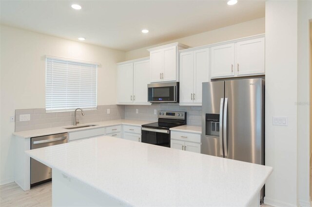 kitchen with a kitchen island, appliances with stainless steel finishes, tasteful backsplash, sink, and white cabinets