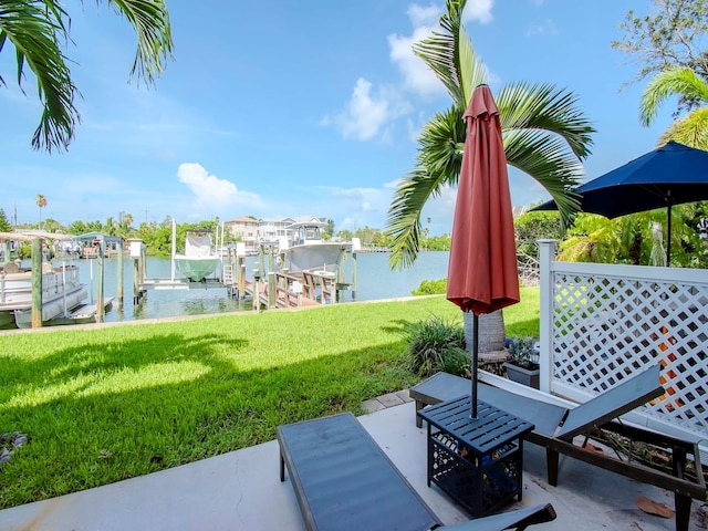 view of patio featuring a water view and a dock