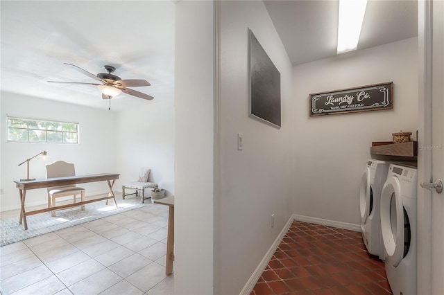 laundry room with ceiling fan, tile patterned floors, and separate washer and dryer