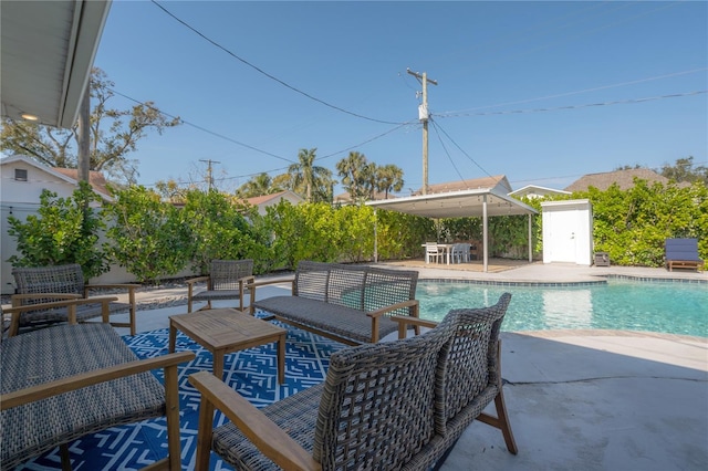 view of swimming pool featuring an outdoor hangout area and a patio area