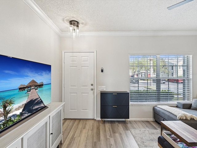 entrance foyer featuring light wood-type flooring, a textured ceiling, plenty of natural light, and ornamental molding