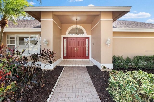 doorway to property featuring a shingled roof and stucco siding