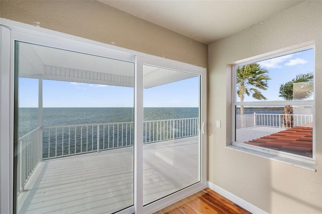 entryway with a water view and hardwood / wood-style floors