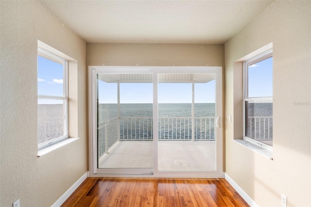 unfurnished sunroom with a water view and a healthy amount of sunlight