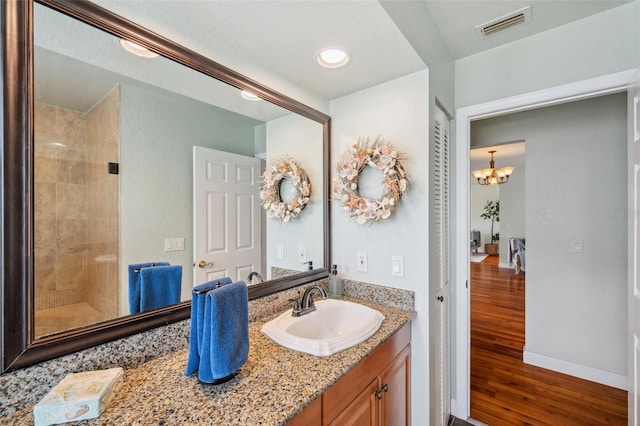 6423 Driftwood Dr, Hudson, FL 34667 - bathroom featuring wood finished floors, a shower stall, vanity, a chandelier, and baseboards