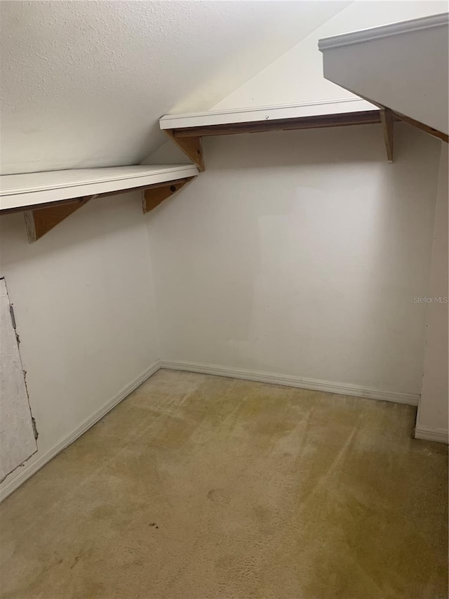 spacious closet featuring light carpet and lofted ceiling