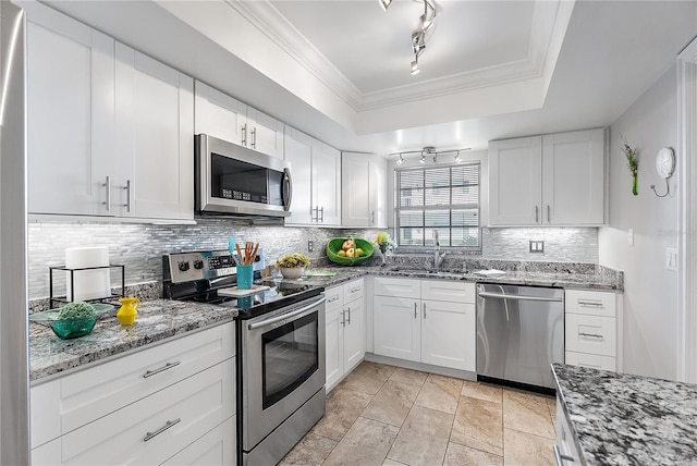 kitchen with a tray ceiling, sink, white cabinets, and stainless steel appliances