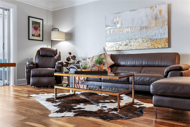 living room featuring ornamental molding and hardwood / wood-style flooring