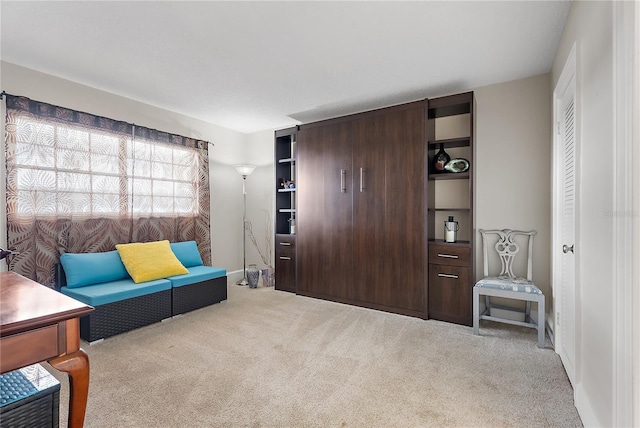 living area featuring light colored carpet