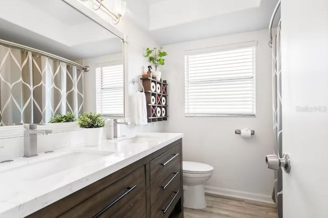 bathroom with toilet, hardwood / wood-style flooring, vanity, and curtained shower