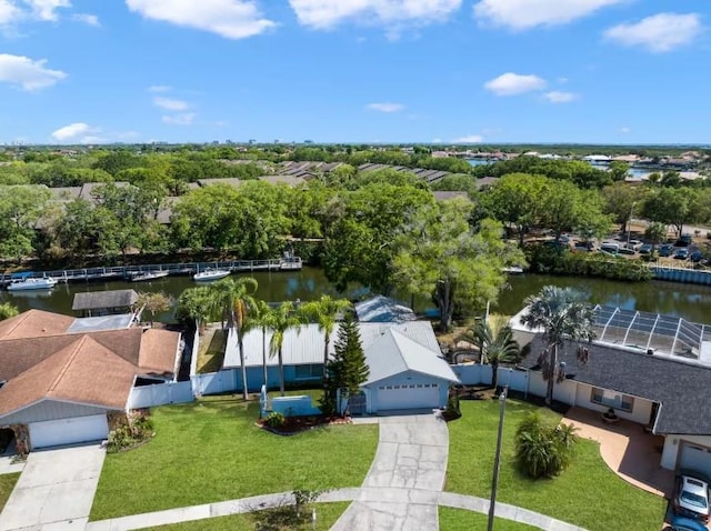 drone / aerial view with a water view