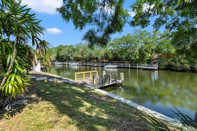 view of dock featuring a water view and a lawn