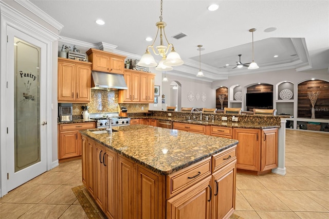 kitchen featuring a center island with sink, decorative light fixtures, and a tray ceiling