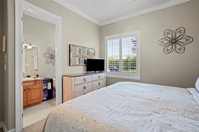 tiled bedroom with ensuite bathroom, crown molding, and sink