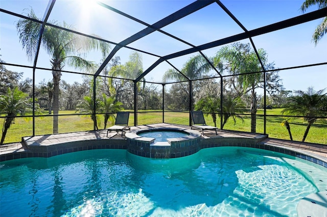 view of swimming pool with a lanai, a yard, and an in ground hot tub