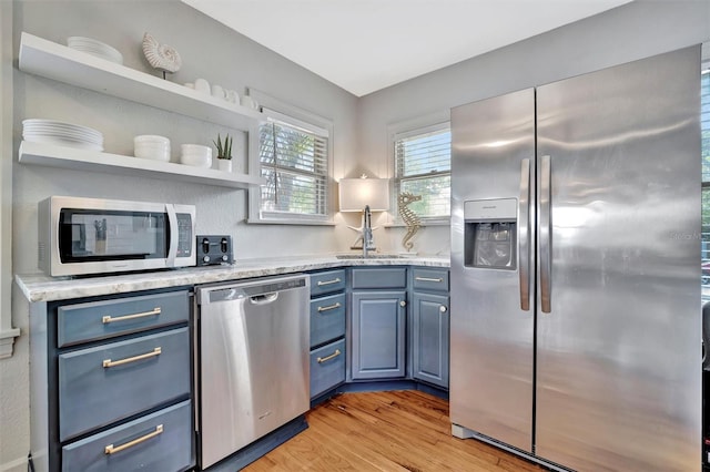 kitchen with light hardwood / wood-style floors, sink, blue cabinets, and stainless steel appliances