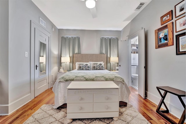 bedroom featuring ceiling fan and light wood-type flooring