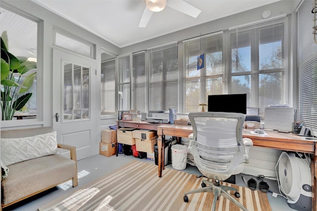 office area with a wealth of natural light, concrete floors, and ceiling fan