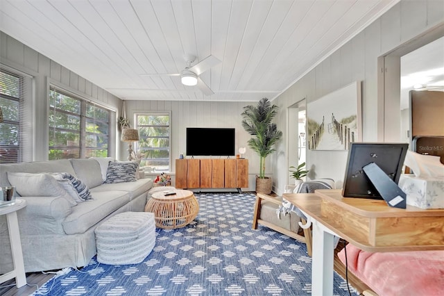 living room with ceiling fan and wooden ceiling