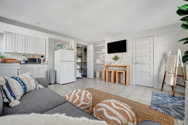 tiled living room with built in features