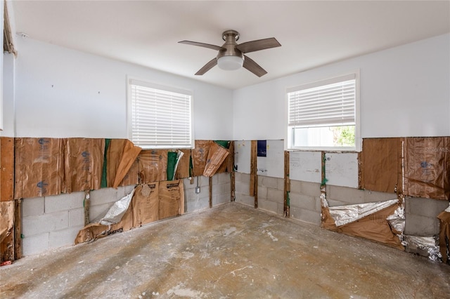 interior space featuring ceiling fan and concrete flooring