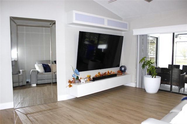 living room featuring vaulted ceiling and wood-type flooring