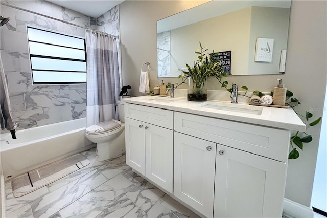 full bathroom with toilet, vanity, and shower / tub combo with curtain