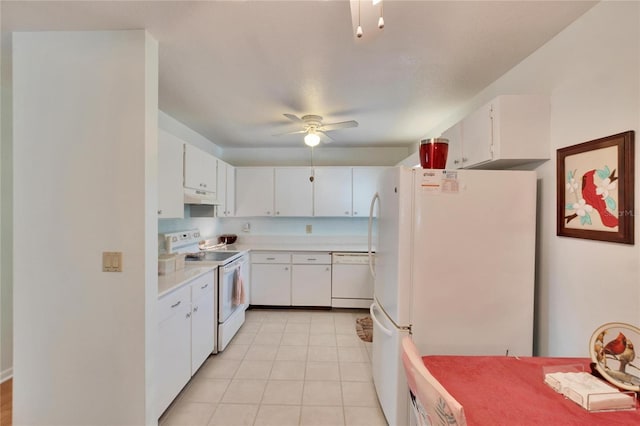 kitchen featuring white appliances, ceiling fan, white cabinetry, and light tile patterned floors