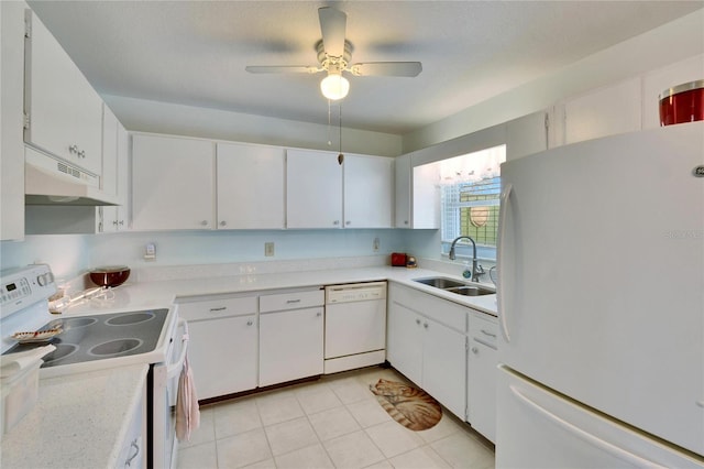 kitchen with white appliances, light tile patterned floors, ceiling fan, white cabinets, and sink