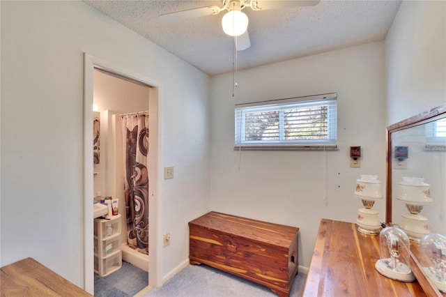 hallway with a textured ceiling and light colored carpet