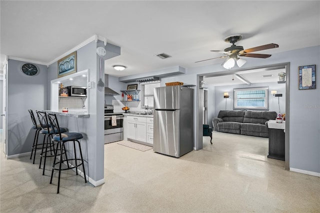 kitchen featuring appliances with stainless steel finishes, ceiling fan, a kitchen bar, decorative backsplash, and white cabinets