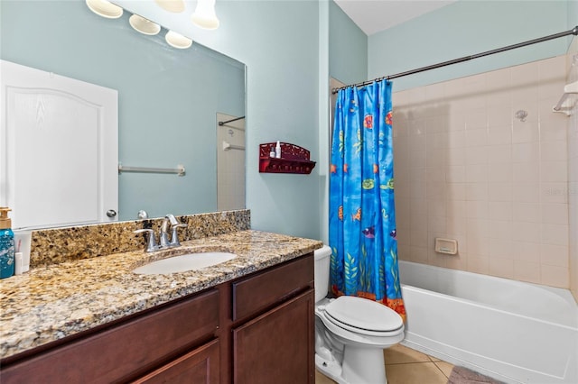 full bathroom with toilet, tile patterned flooring, shower / bathtub combination with curtain, and vanity