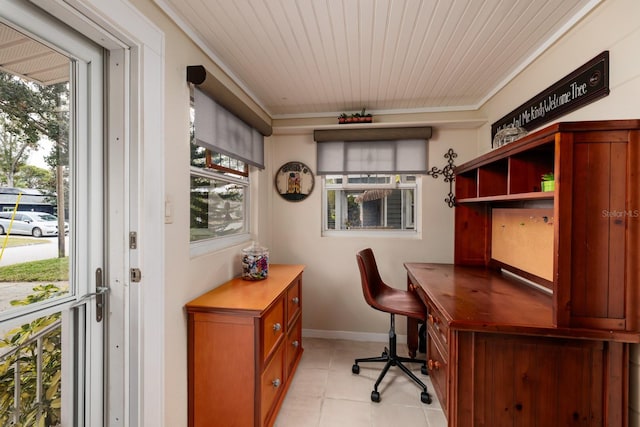 home office featuring light tile patterned floors, wooden ceiling, and crown molding