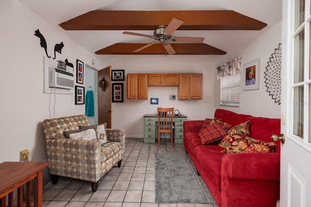 living room with light tile patterned floors, vaulted ceiling with beams, an AC wall unit, and ceiling fan