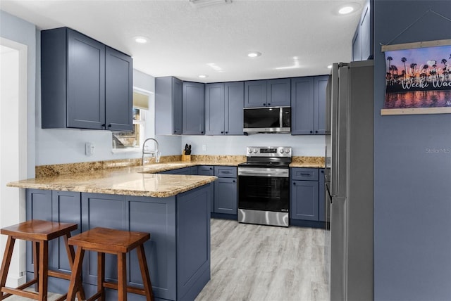 kitchen with stainless steel appliances, sink, kitchen peninsula, light wood-type flooring, and a breakfast bar