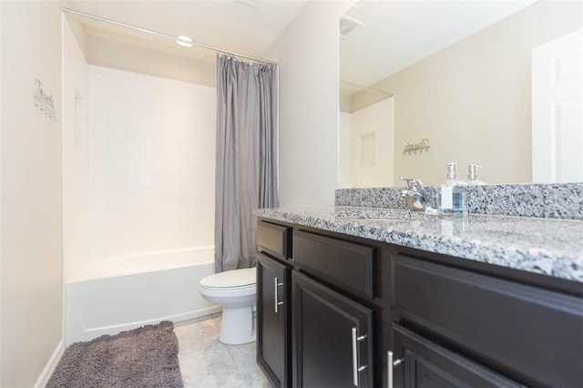 full bathroom with shower / bathtub combination with curtain, vanity, and toilet